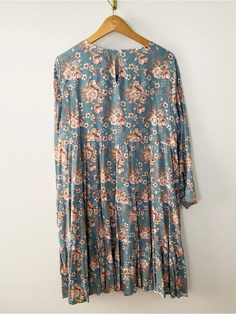 Shop Stevie Dusty Blue Floral Long Sleeve Tiered Mini Dress - Picture 5 of 6